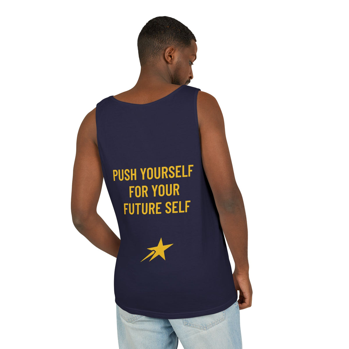 Aim For The Stars 888 Men Navy Edition Tank Top — Motivational Graphic “Push Yourself for Your Future Self”