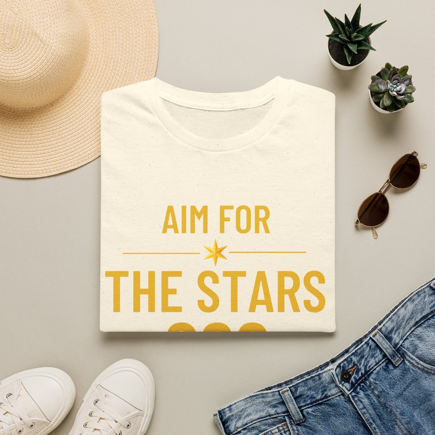 Aim For The Stars Women Cream Edition T-Shirt — Motivational Tee “One Life, Endless Possibilities”