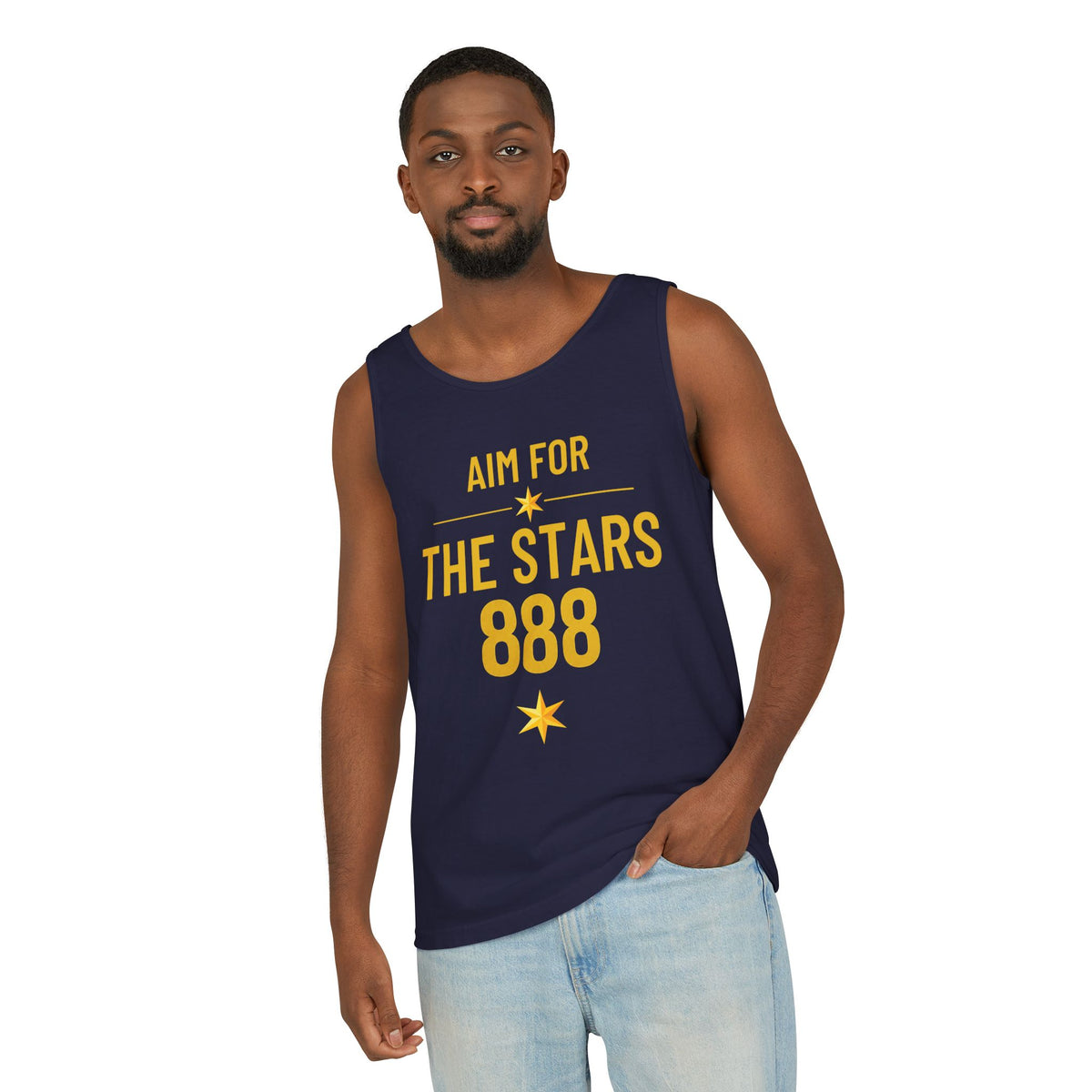 Aim For The Stars 888 Men Navy Edition Tank Top — Motivational Graphic “Push Yourself for Your Future Self”