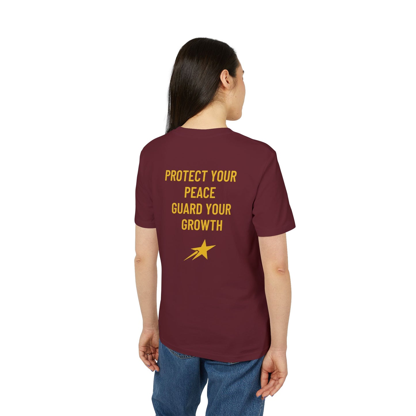 Aim For The Stars Women Burgundy Edition T-Shirt — Motivational Tee “Protect Your Peace, Guard Your Growth”