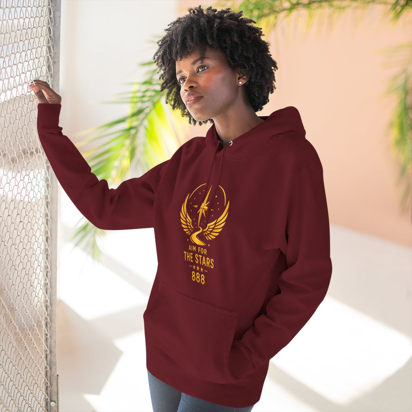 Aim for the Stars Women Burgundy Hoodie — "She Stopped Waiting for a Sign, She Became One" Motivational Fleece Pullover